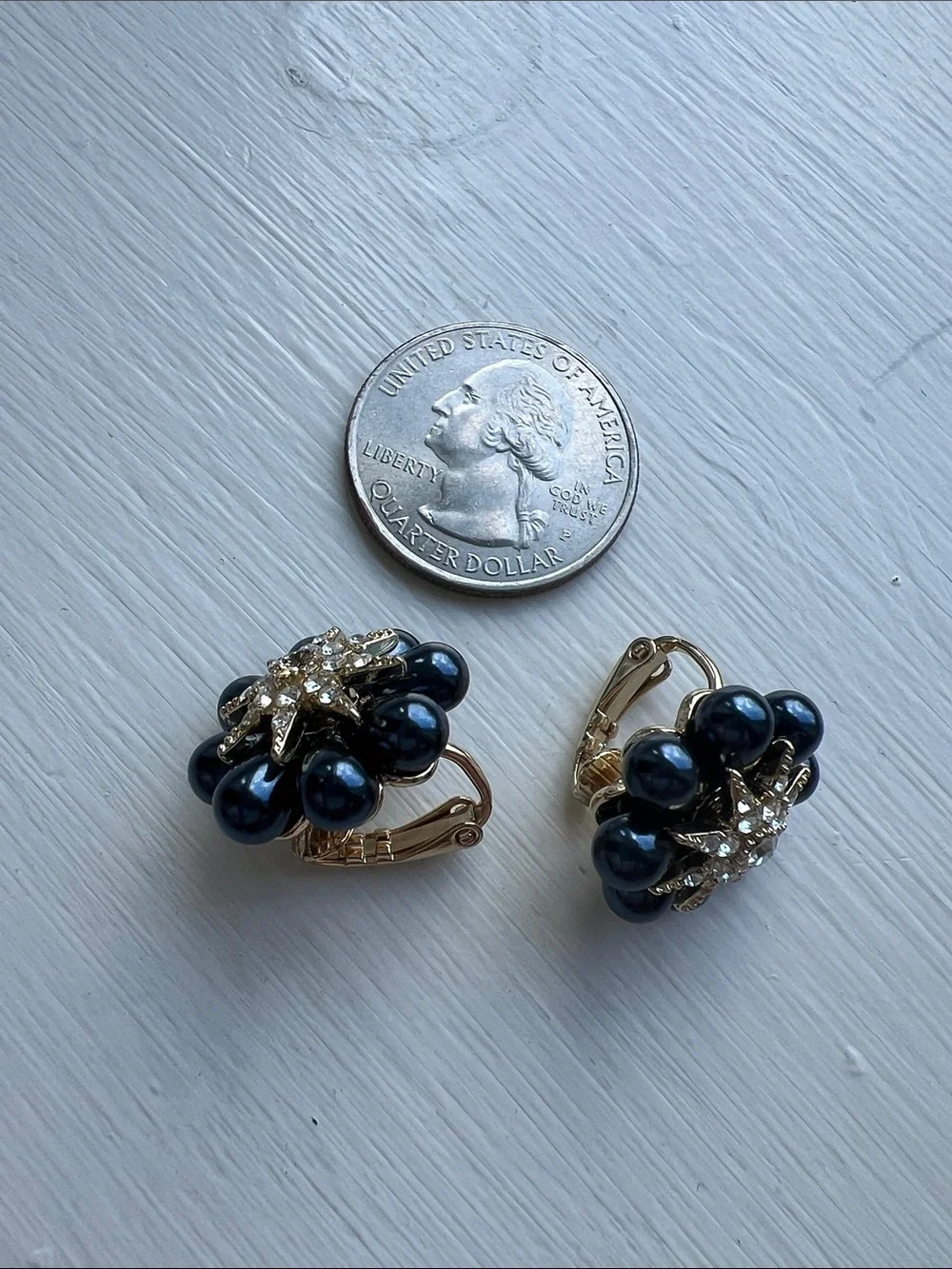 Navy Petal Cluster Earrings with Crystal Star Centers Vintage Mid-Century